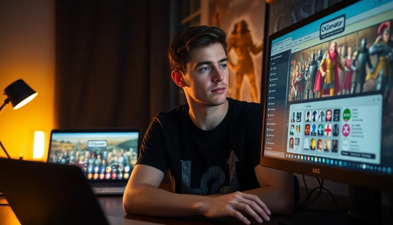 a young man using CK2Generator on his computer surrounded by gaming decor.