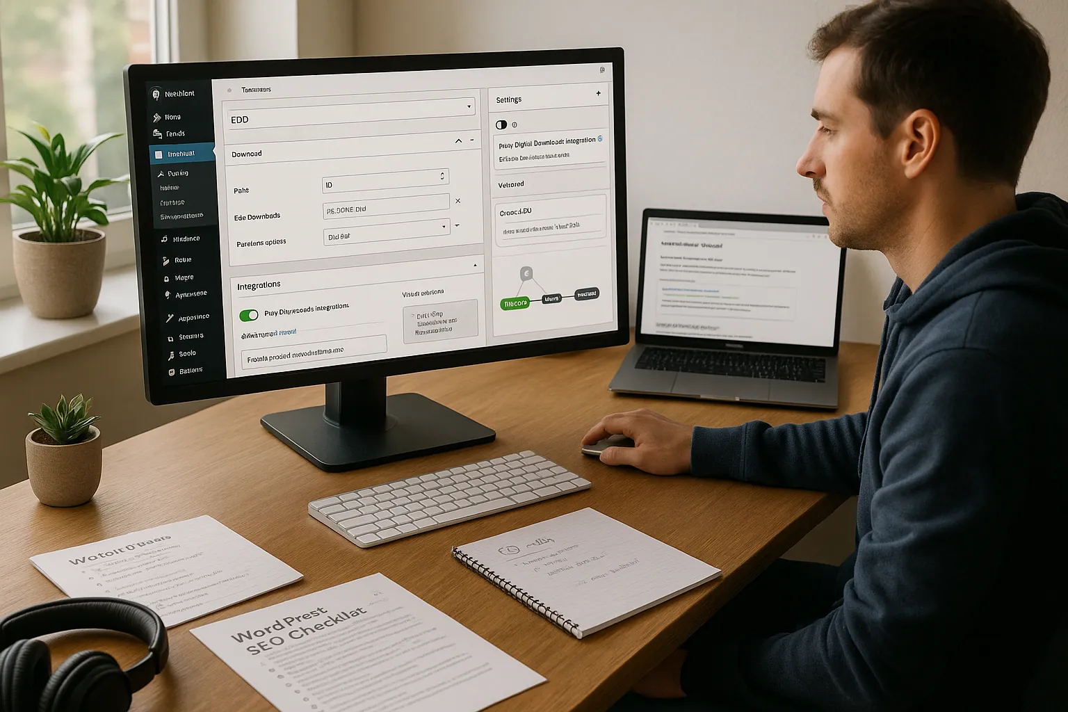Marketer configures Yoast SEO and Easy Digital Downloads integration on a WordPress product page.