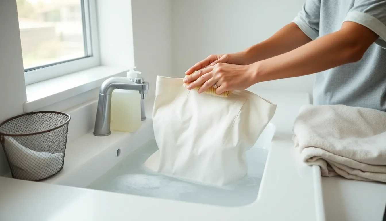 Hands gently washing a canvas tote bag in a clean laundry room.