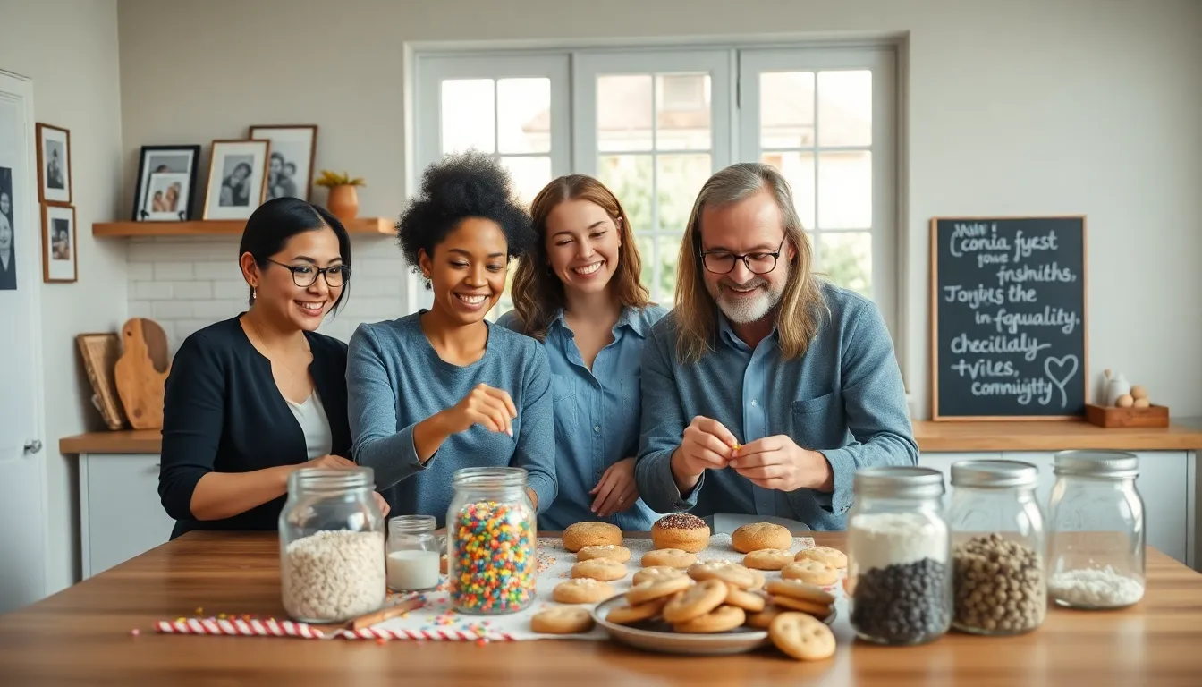 diverse group baking cookies together in a cozy kitchen.