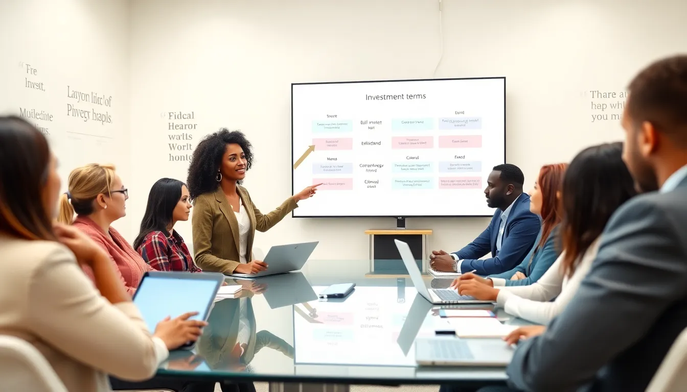 diverse adult learners in a modern classroom studying investing concepts.