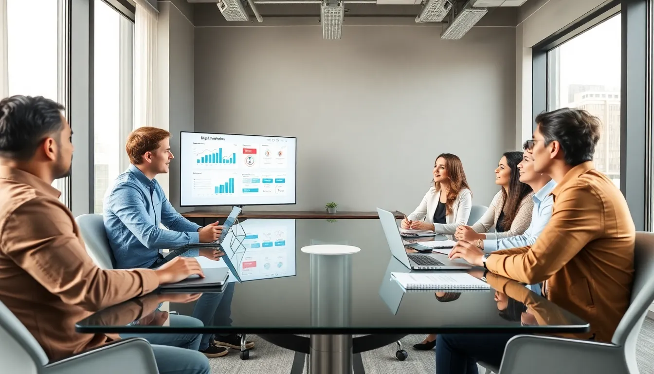 Diverse professionals collaborating in a modern office setting.