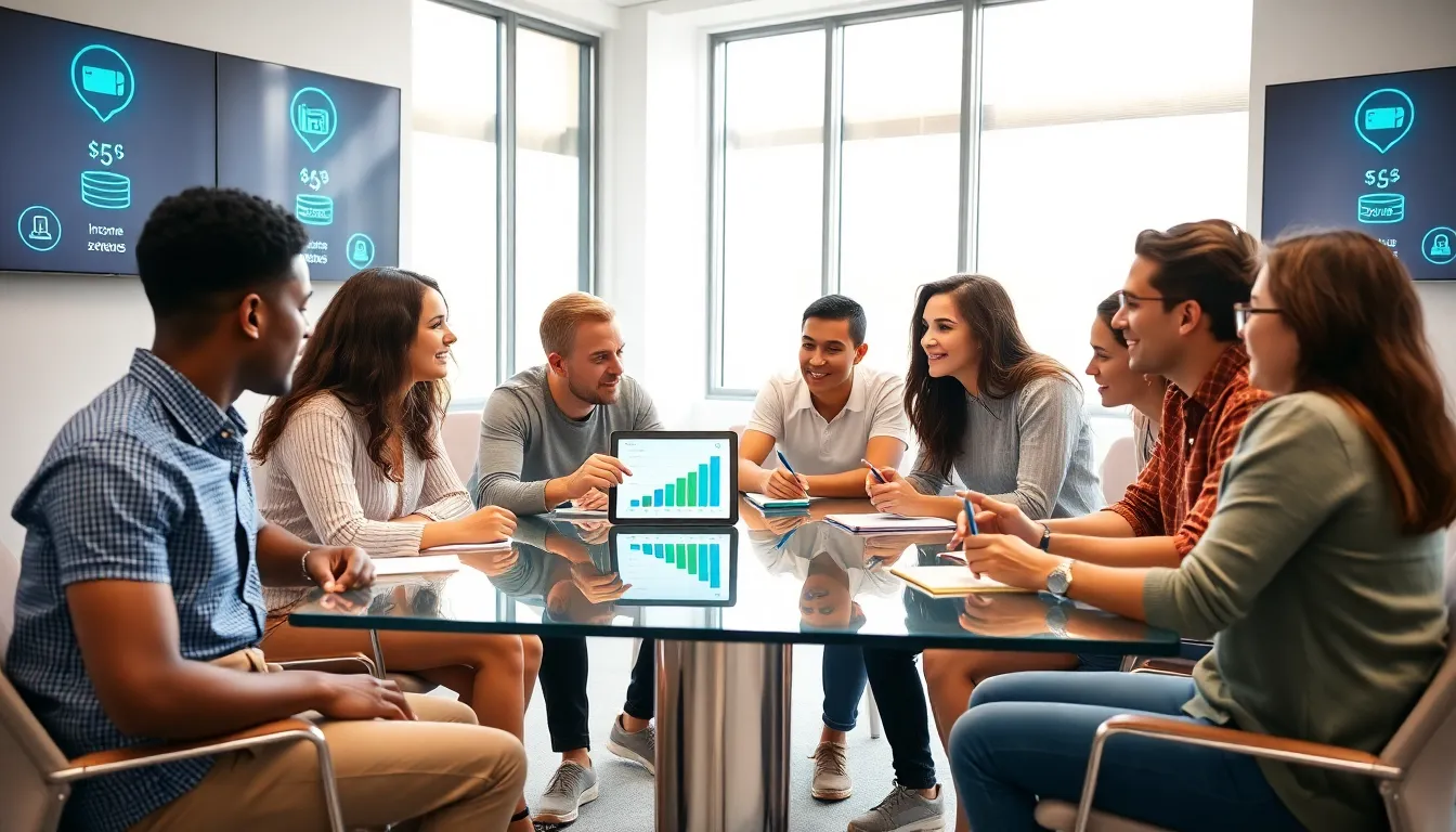 young adults discussing personal finance in a modern office.
