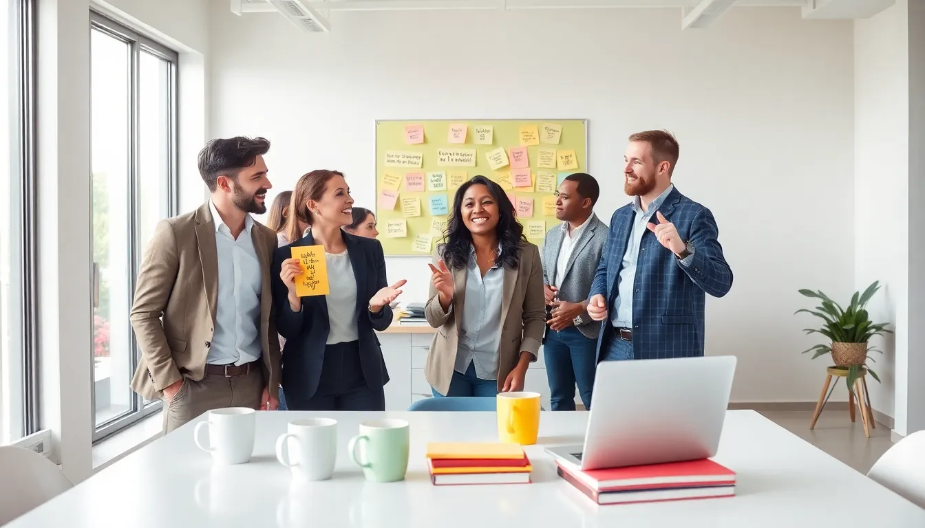 diverse professionals sharing funny quotes in a bright office.