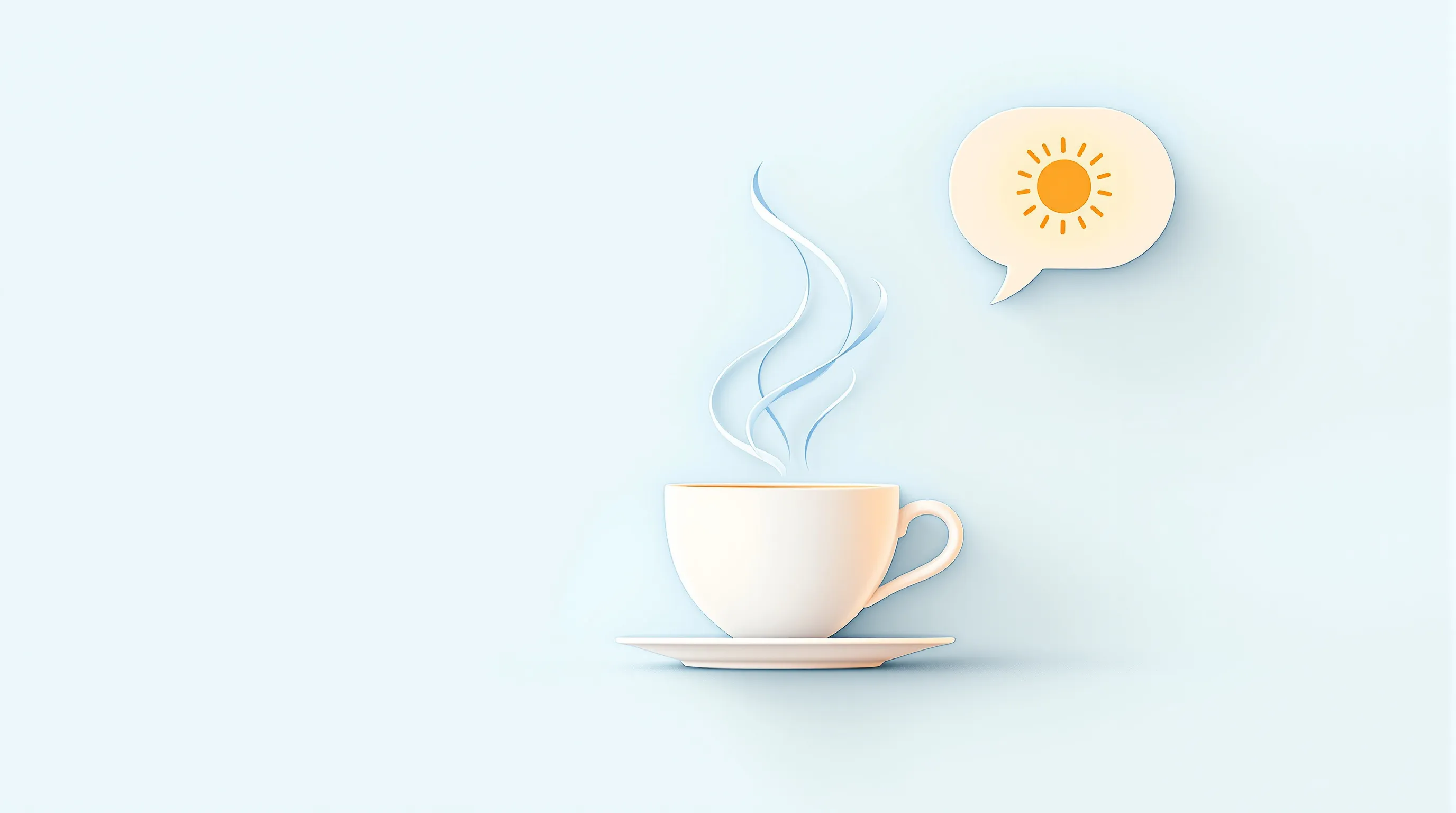 a coffee cup with speech bubbles and a rising sun icon
