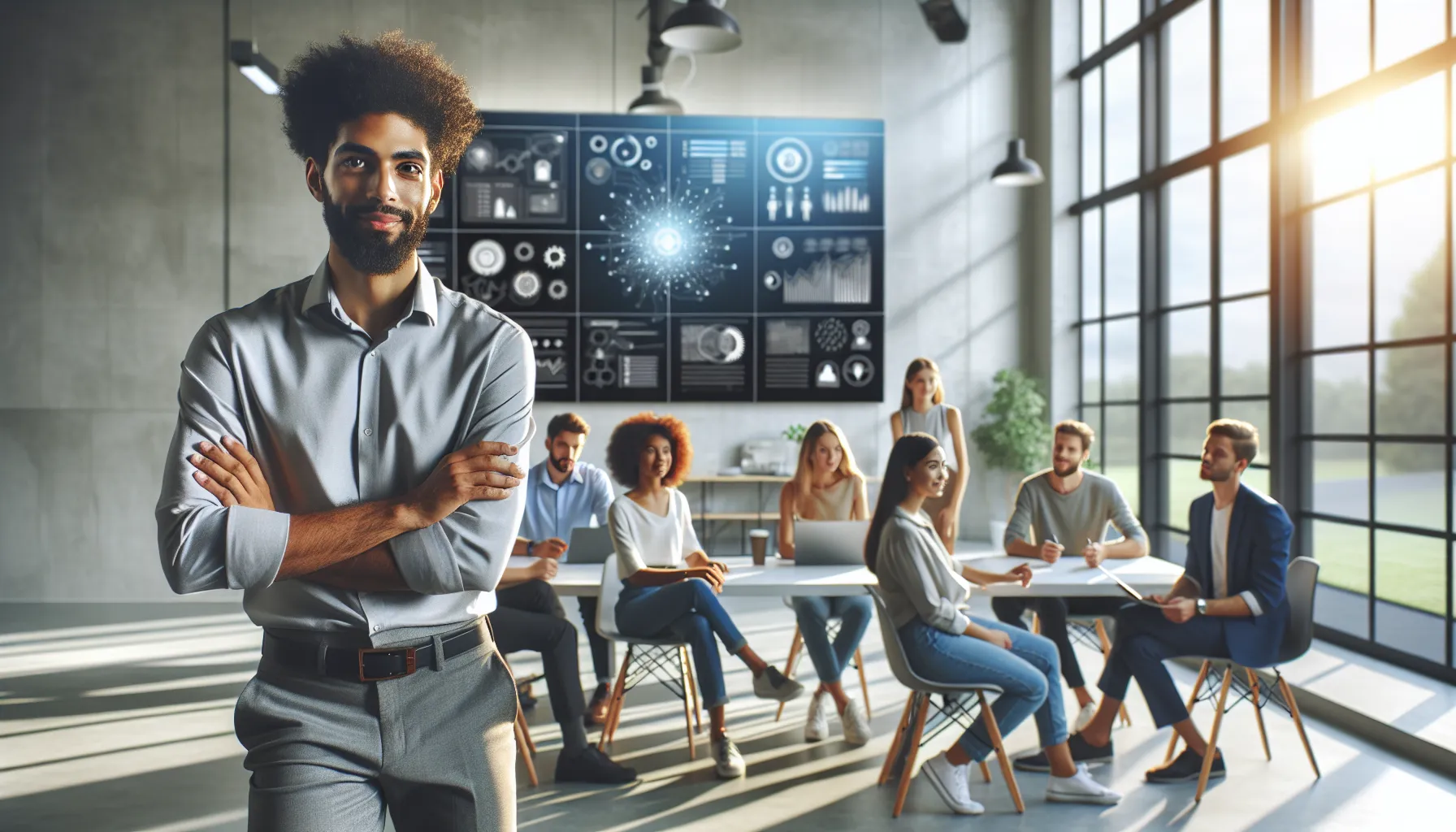 Dave Watkin leading a tech workshop with a diverse group of professionals.