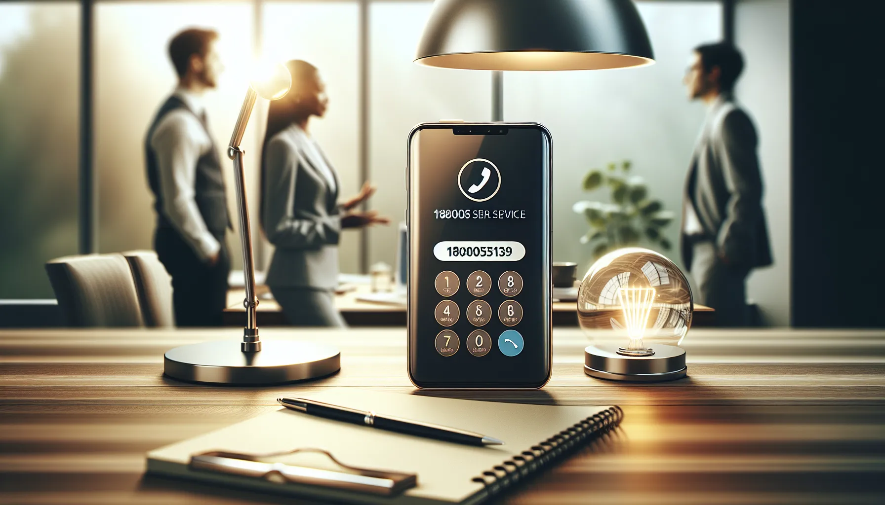 professional workspace with a phone displaying contact number.
