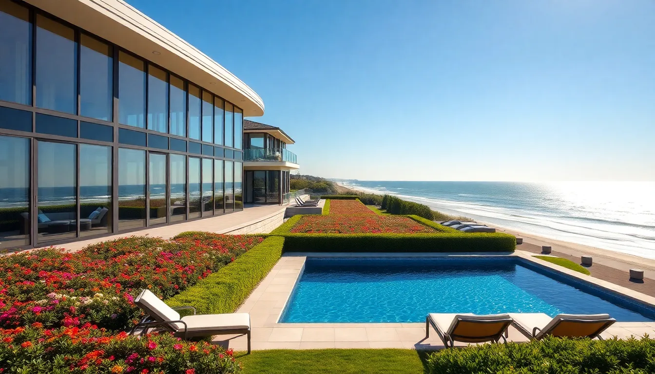 luxurious beach home with a pool in the Hamptons.