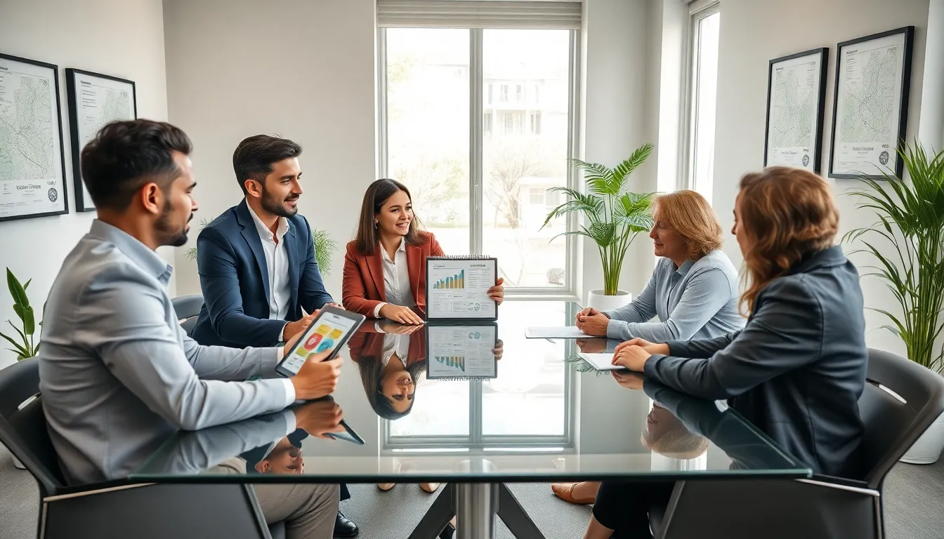 diverse real estate agents meeting clients in a modern office.