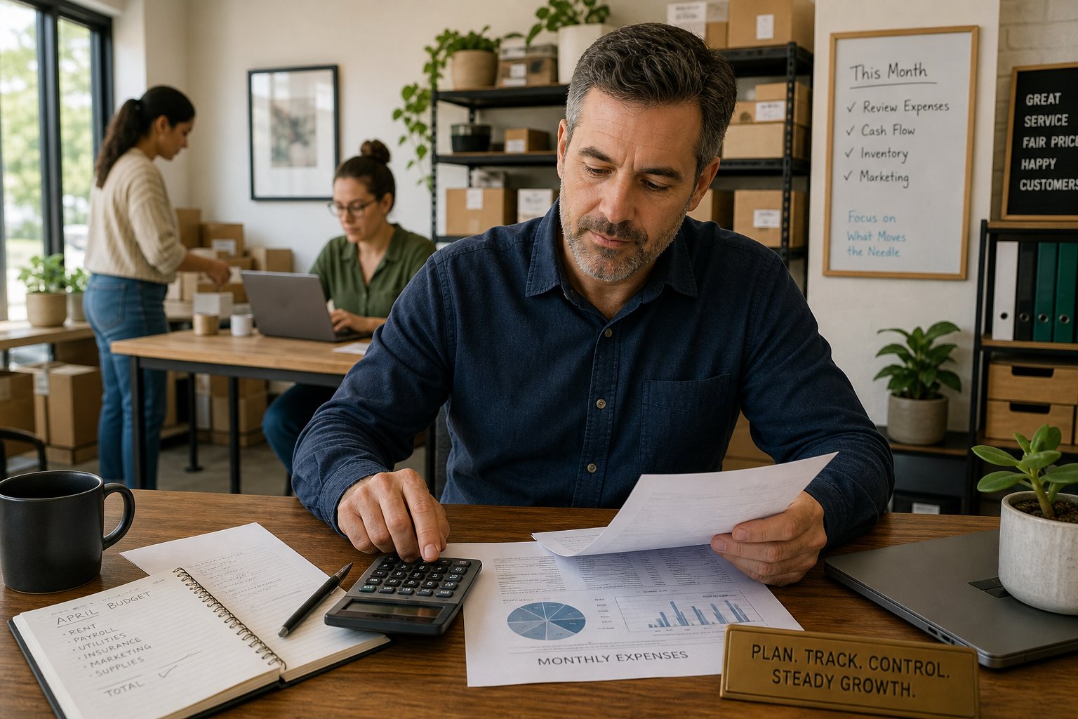 Commercial Mortgage Brokers Blackpool for Purchase and Refinance 6 Small business manager reviewing finances in an organized workspace while daily operations continue in the background.