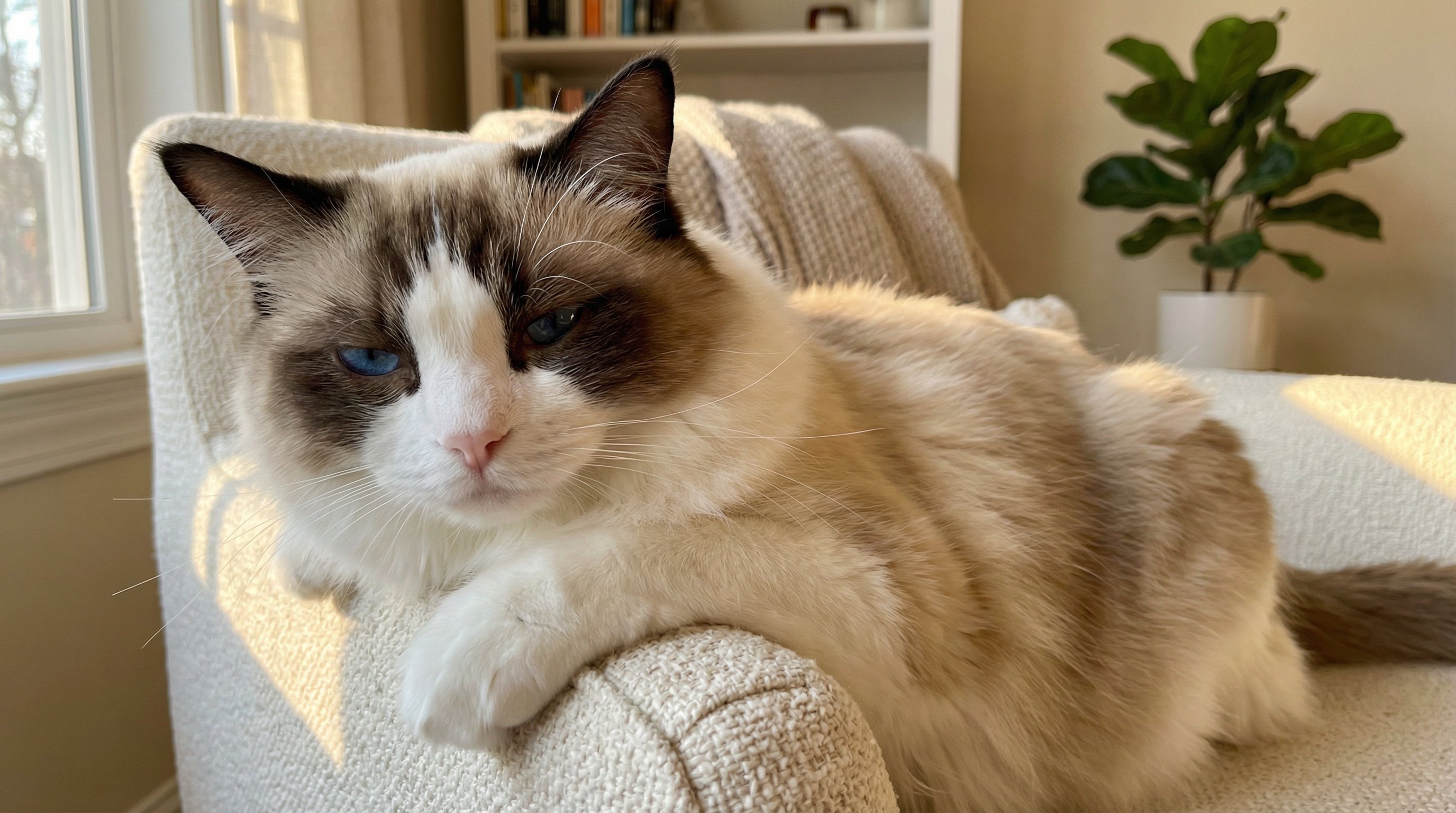 A blue-eyed Ragdoll cat lounging peacefully on a sunlit armchair.