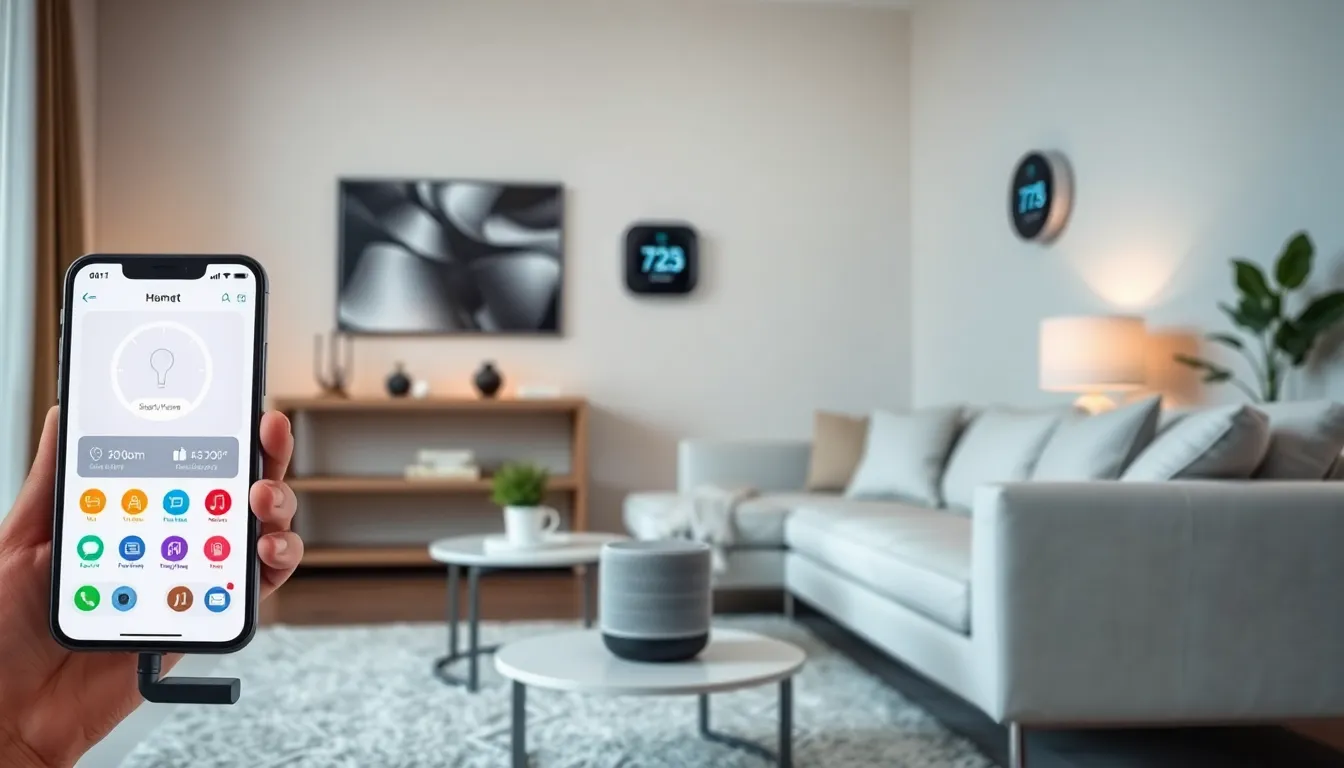 modern living room with smart home technology and smartphone controlling devices