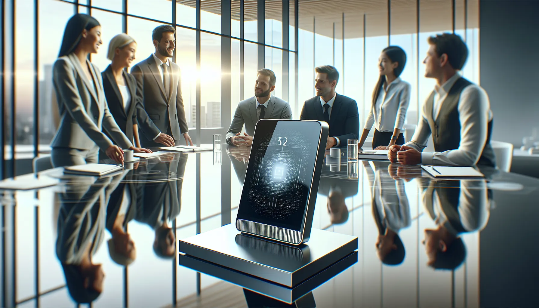 diverse team discussing the Cyroket2585 in a modern office.