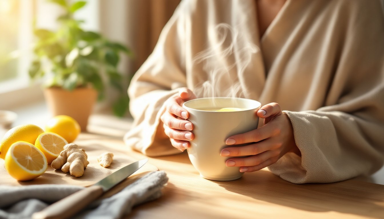 A woman holding a steaming mug of warm lemon-ginger water in a sunlit morning kitchen.