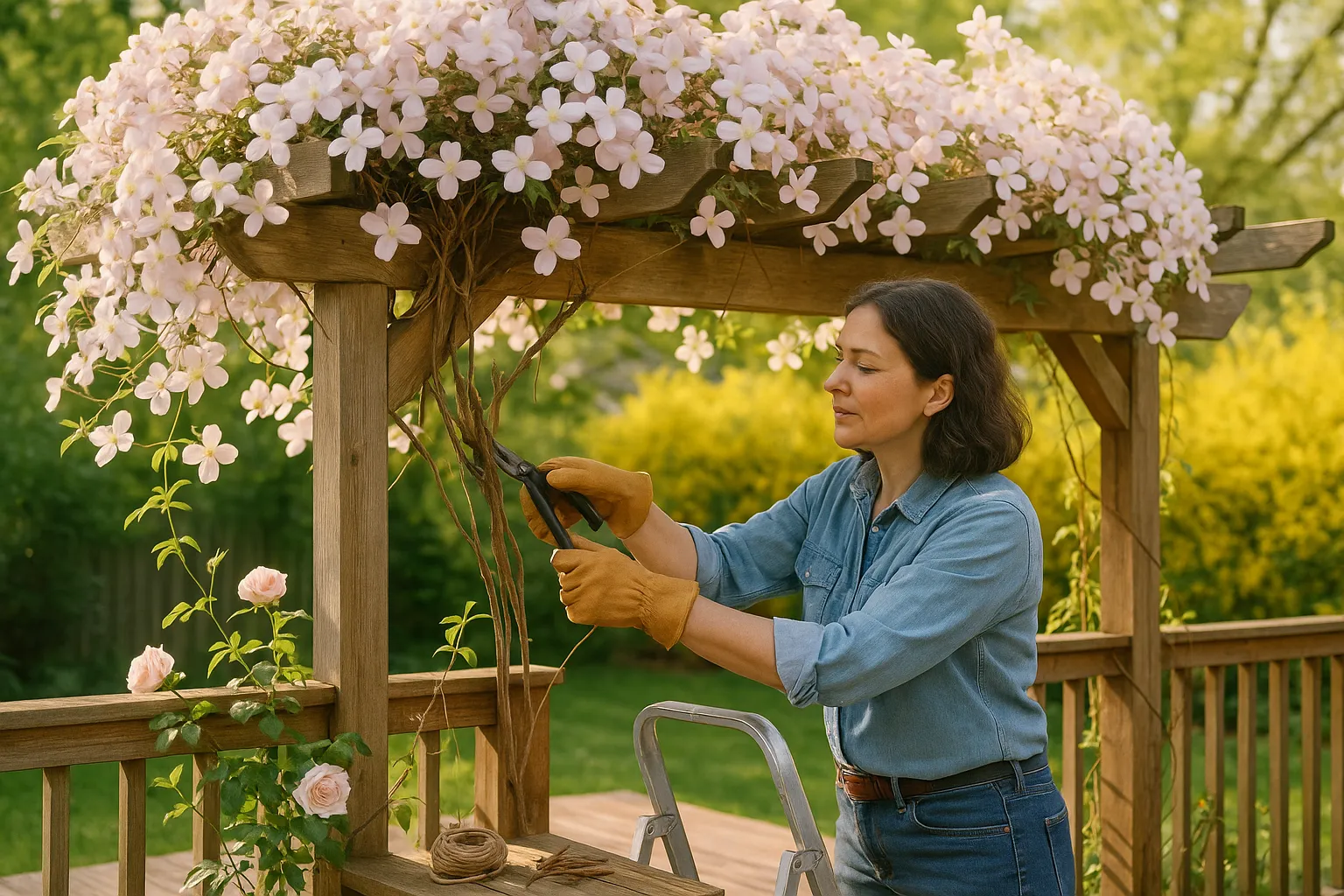 Gardener pruning a pergola covered in pink Clematis montana in spring.