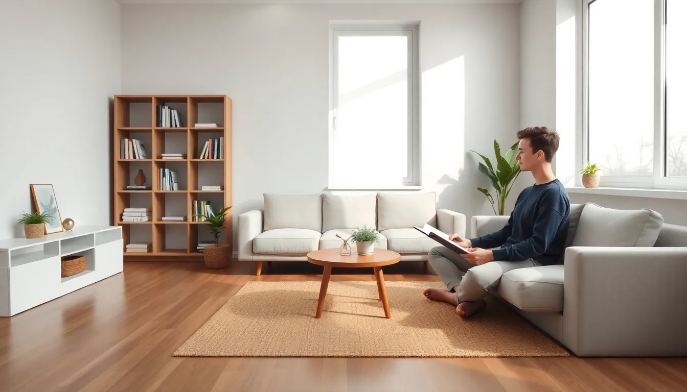 a minimalist living space with natural light and a person in contemplation.