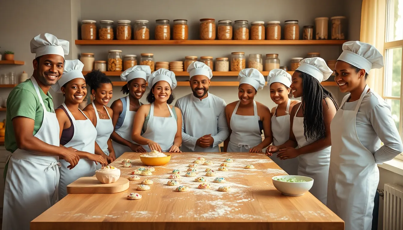 diverse bakers collaborating in a cozy kitchen filled with cookie ingredients.