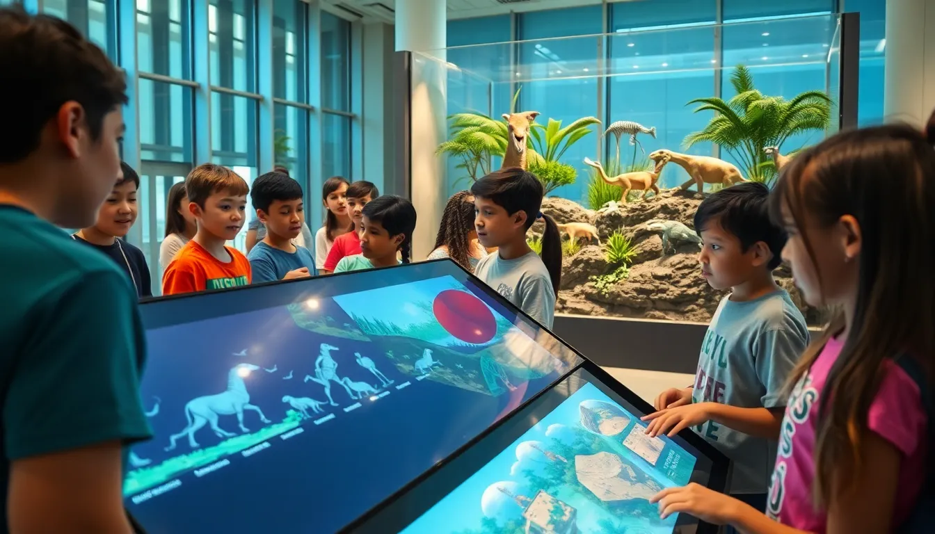 students engaging with an evolution exhibit in a life science museum.