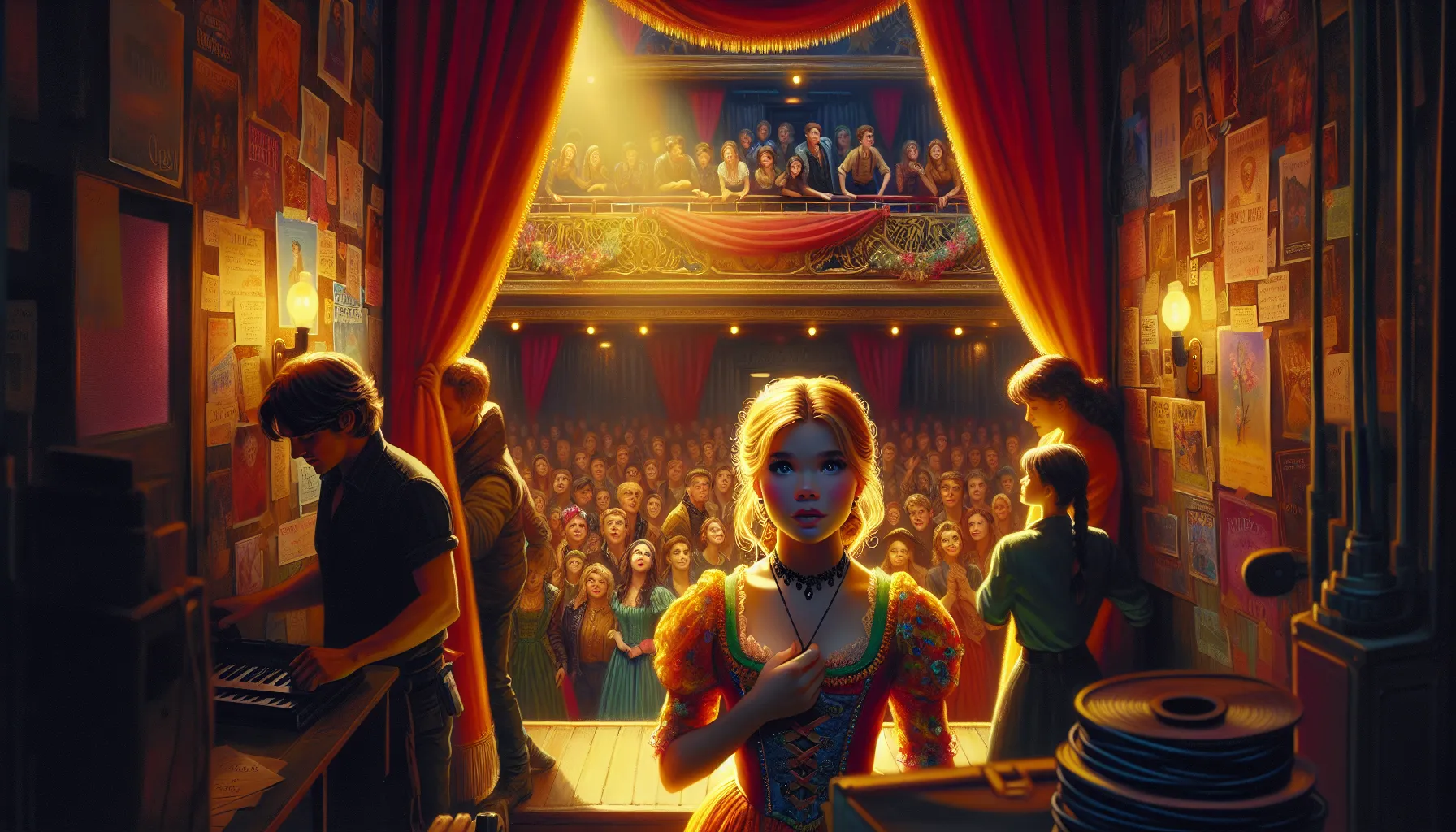 Ashley Johannsson backstage in a lively theater setting.