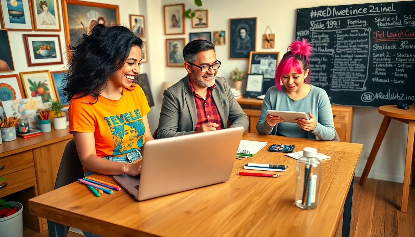 a diverse team of creatives collaborating in a bright digital workspace.
