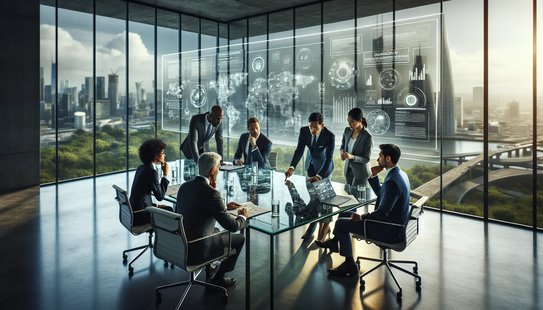 diverse team discussing environmental impacts in a modern office.