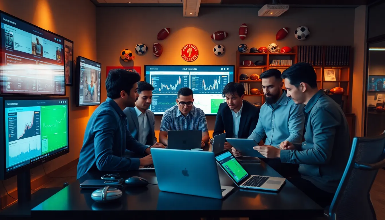 diverse sports journalists collaborating in a modern office on football coverage.