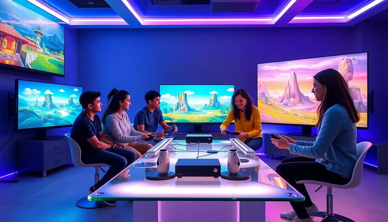 diverse gamers collaborating in a modern gaming environment.