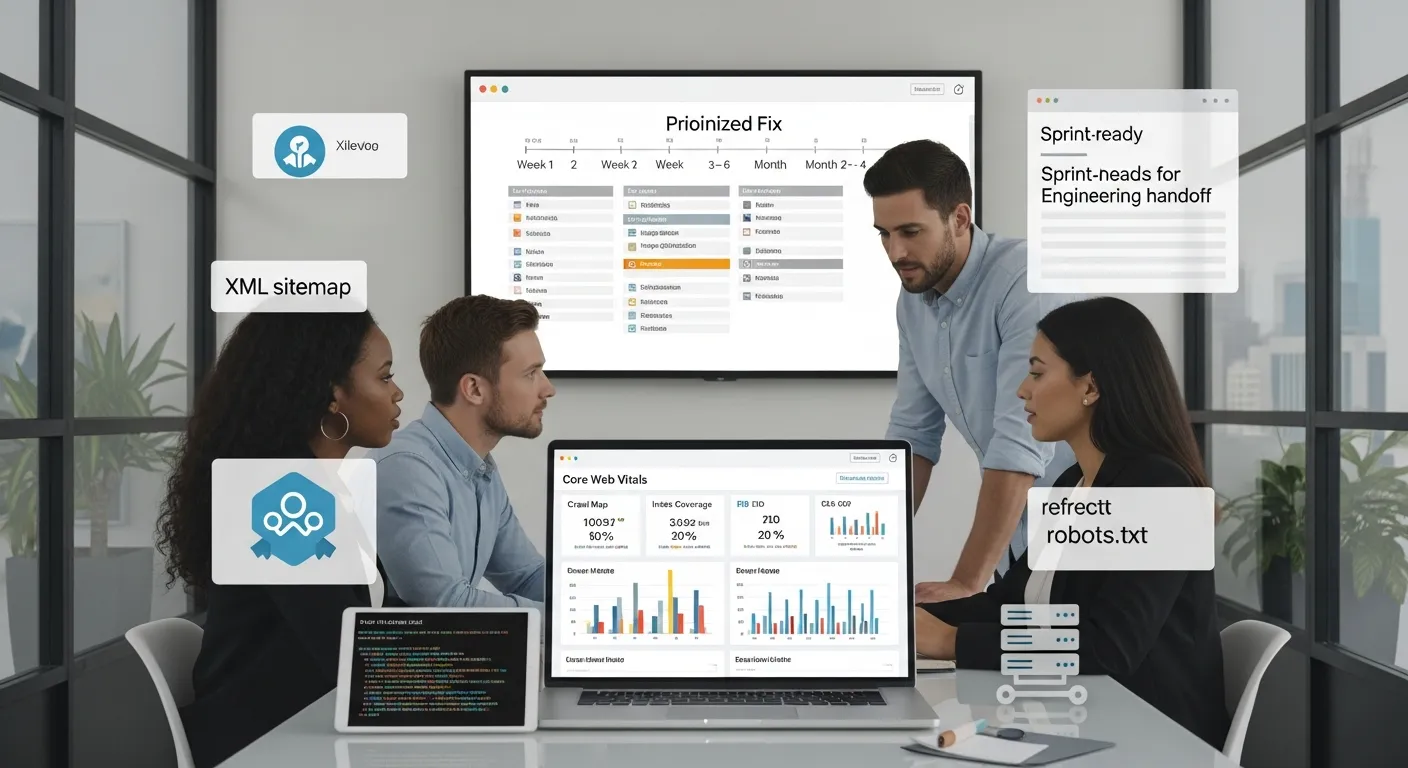 Diverse team reviewing SEO audit dashboard and prioritized fix timeline.