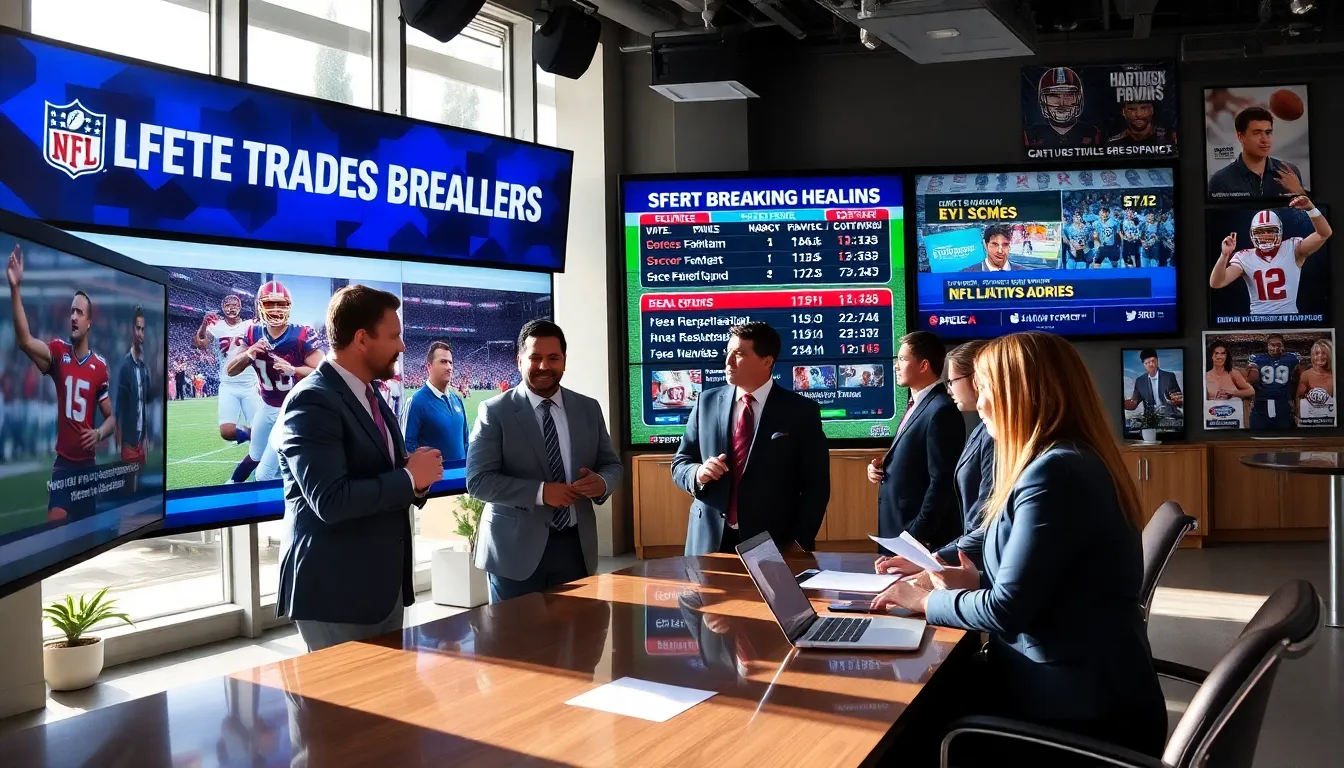 diverse sports team reporting live updates in a modern newsroom.