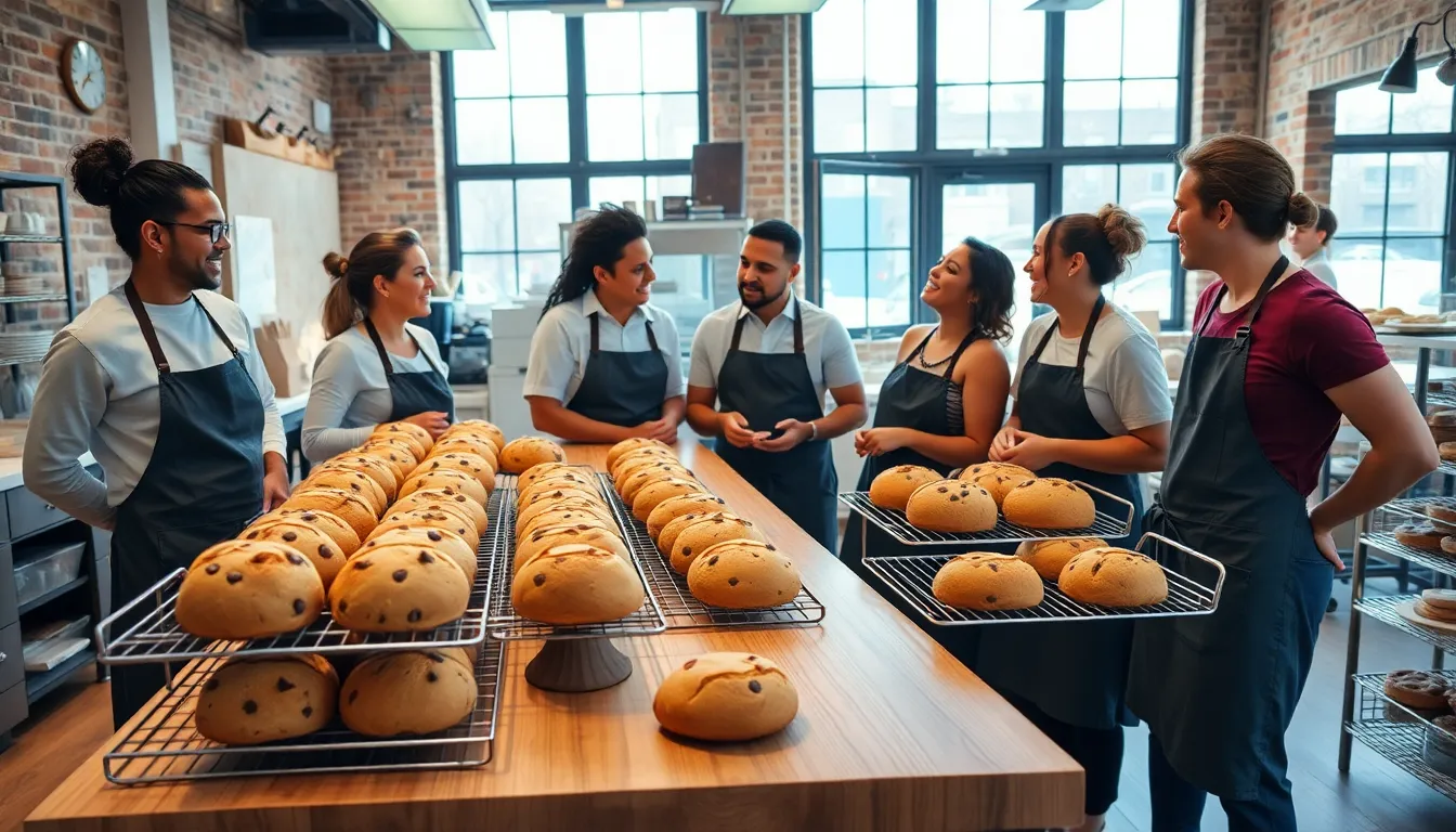 diverse bakers creating CookiesForLove Bread in a cozy bakery.