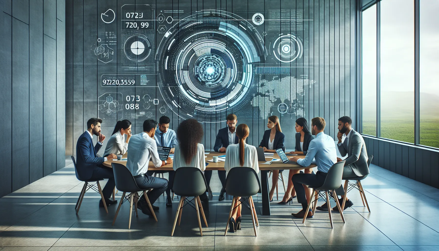 diverse team analyzing data in a modern office.