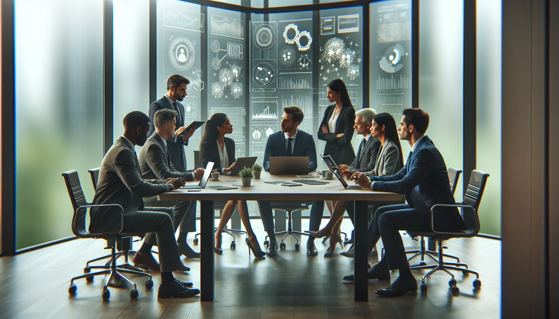 diverse professionals discussing technology ethics in a modern office.