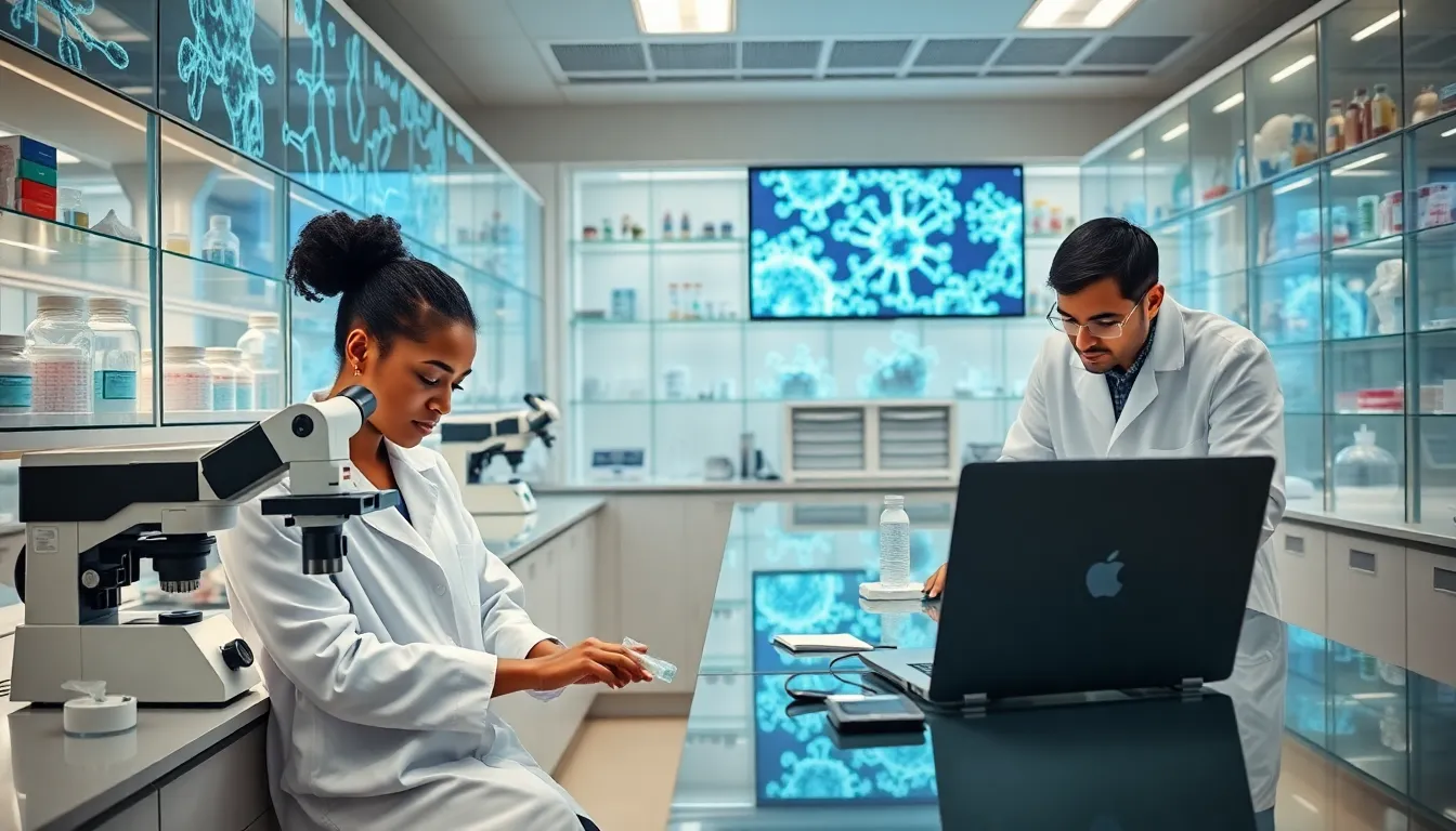 diverse scientists in a modern lab studying molecular biology.