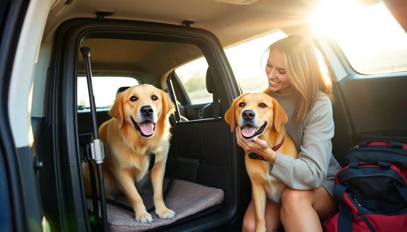 large dog in a travel crate inside a modern vehicle.