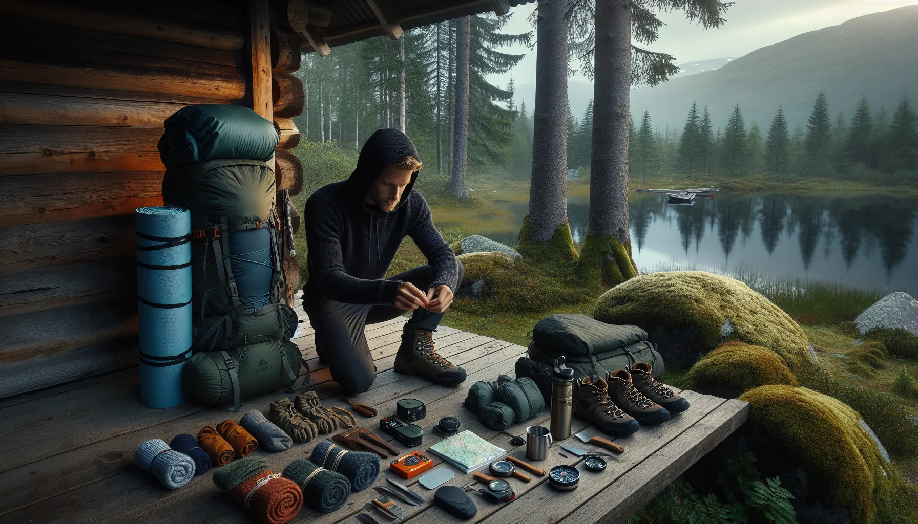 Hvordan optimalisere pakkelisten for minimalistisk friluftsliv 2 Norwegian hiker organizing a minimalist set of essential outdoor gear on a porch.