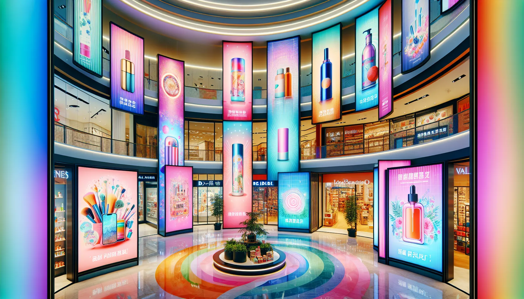 A shopping mall interior showcasing colorful advertisements targeting individual consumers.