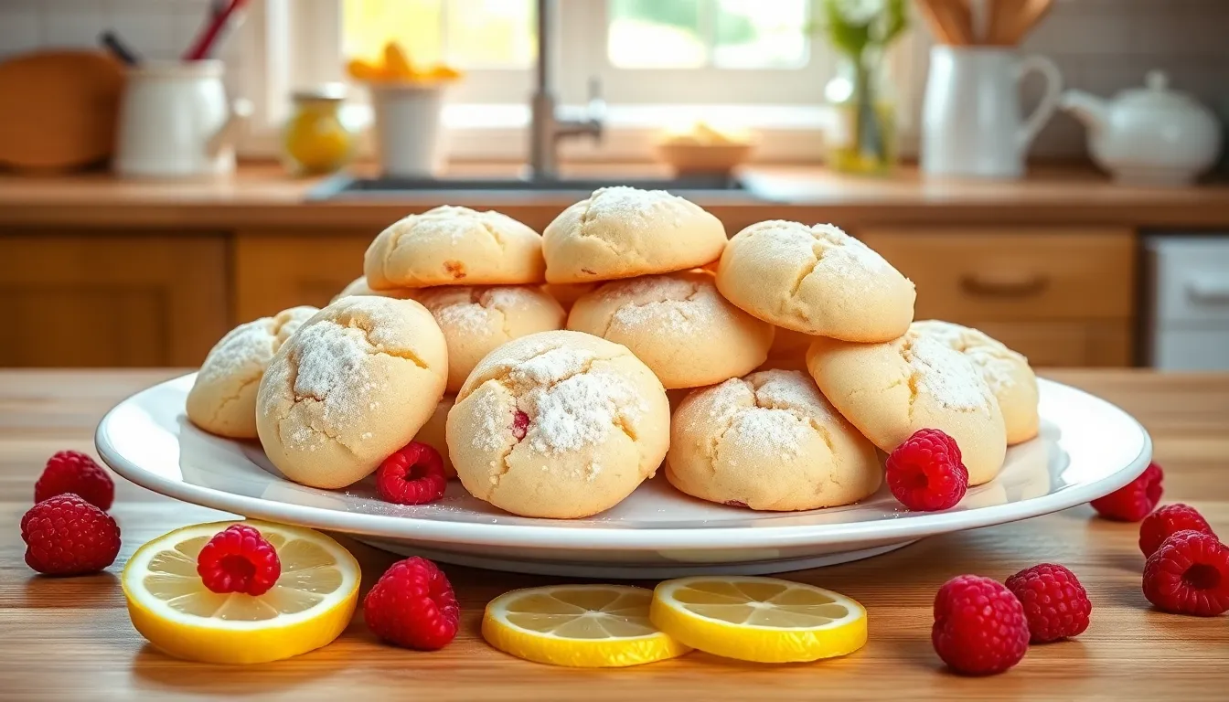 plate of raspberry lemonade cookies in a sunlit kitchen setting.