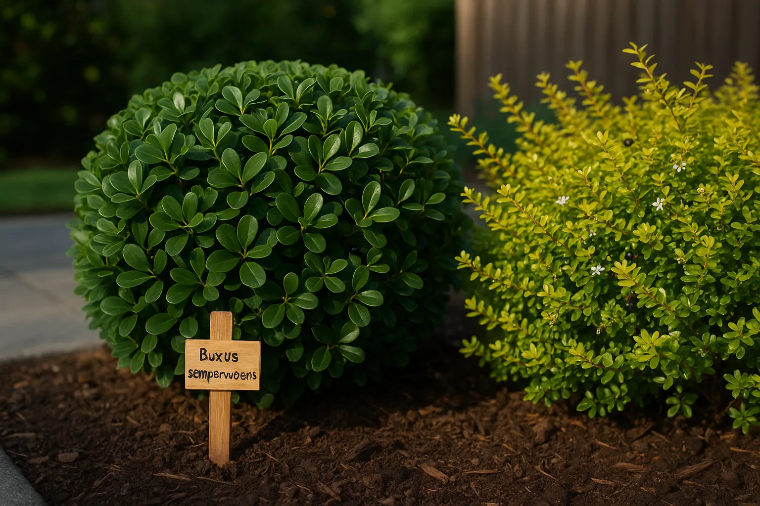 Close-up comparison of boxwood and glossy Lonicera nitida shrubs