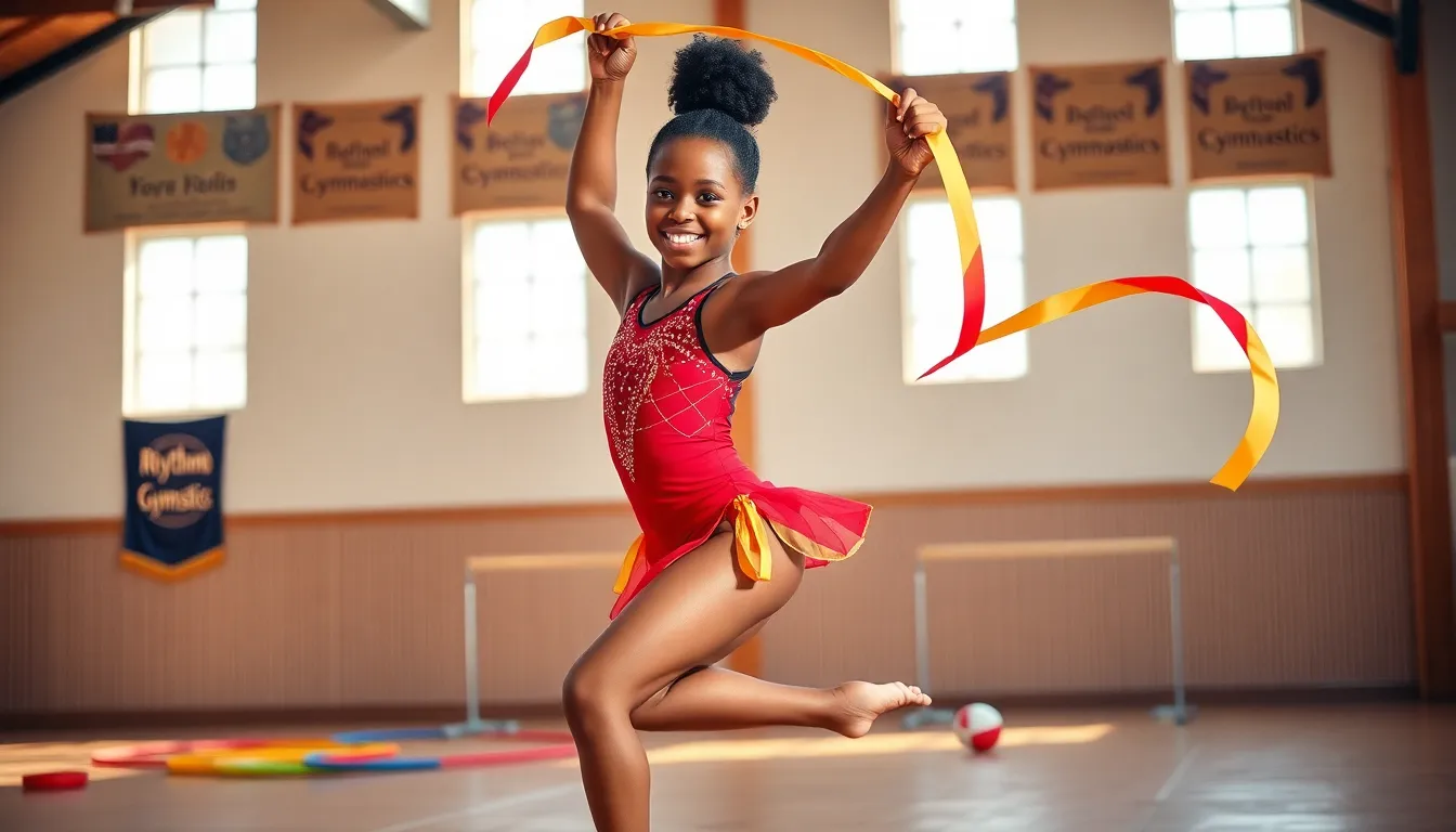 a rhythmic gymnast performing with a ribbon in a sunlit gymnasium.
