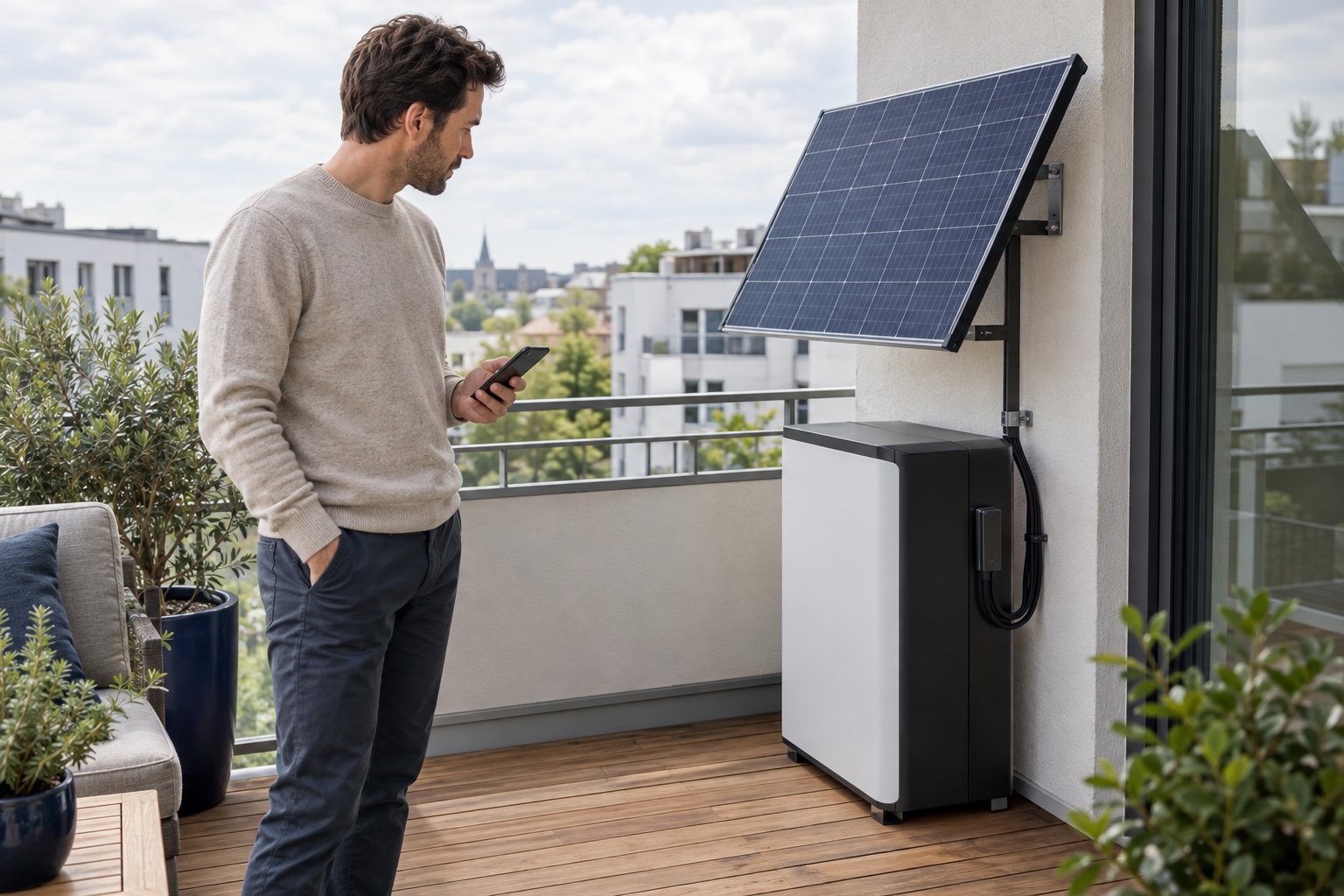 Person prüft einen Balkonkraftwerk-Speicher neben den Solarmodulen