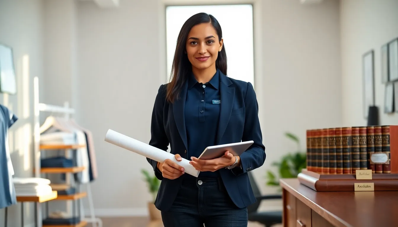 Young professional holding an associate diploma and tablet with retail and law books behind her.