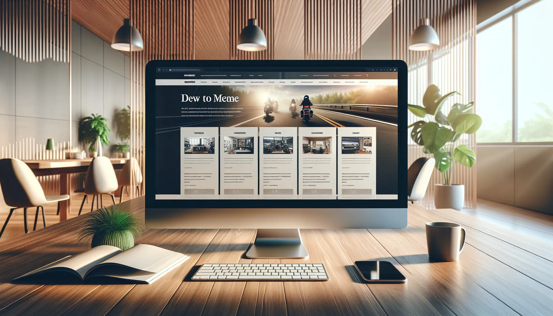 A modern workspace with a computer displaying the Formotorbikes.com website.