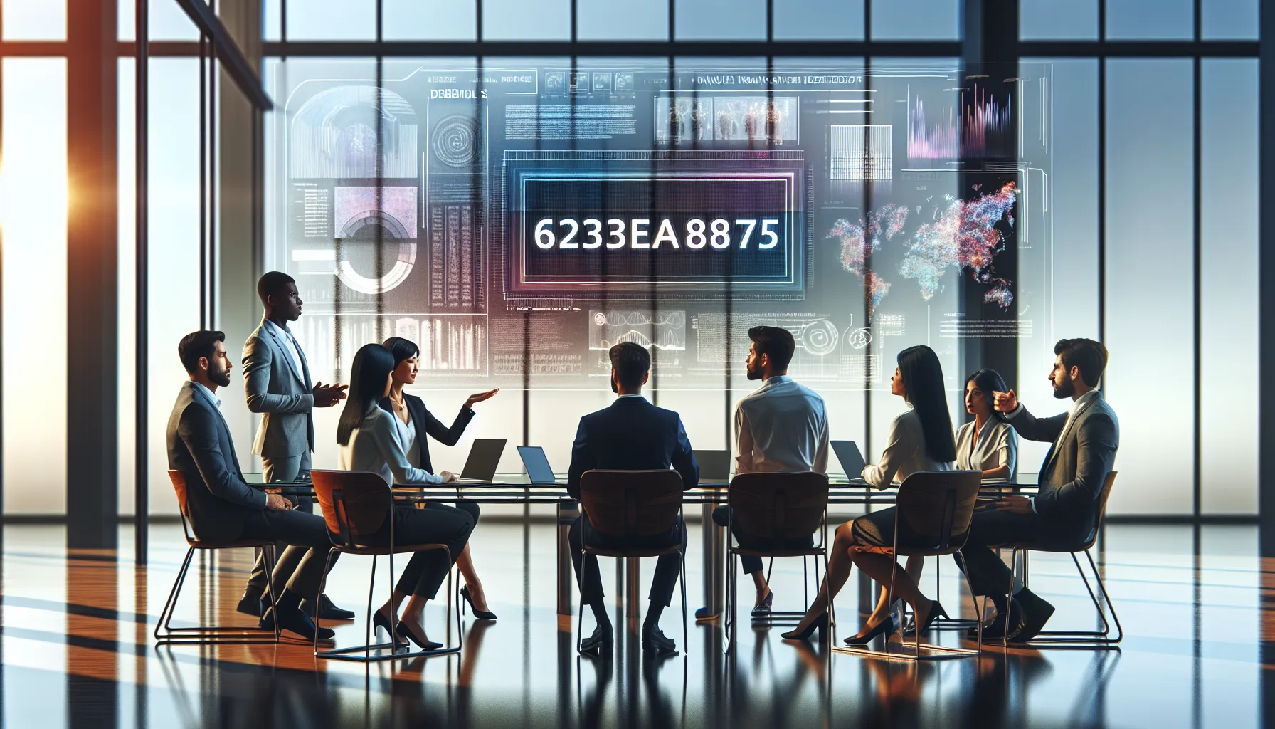 diverse professionals discussing digital identifier in a modern office.