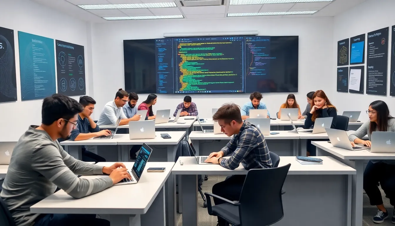 students collaborating in a modern web development school classroom.