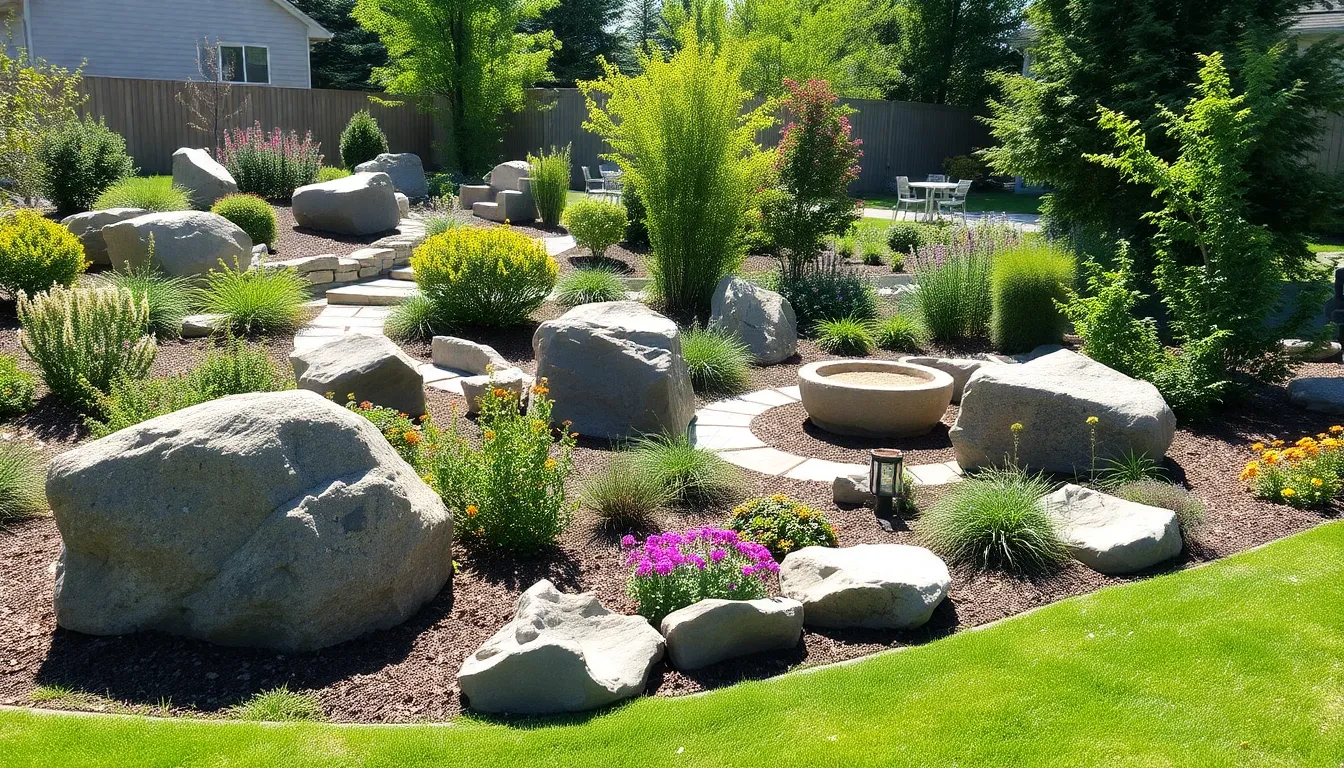 a garden featuring large boulders integrated into the landscape design.
