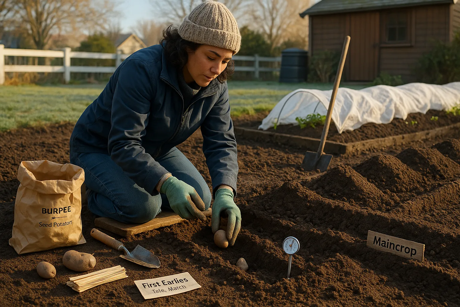 Gardener planting seed potatoes in early-spring beds with fleece-covered maincrop.