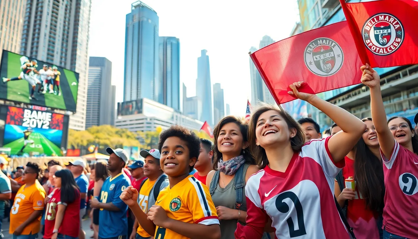 diverse football fans watching a live match in an urban setting.