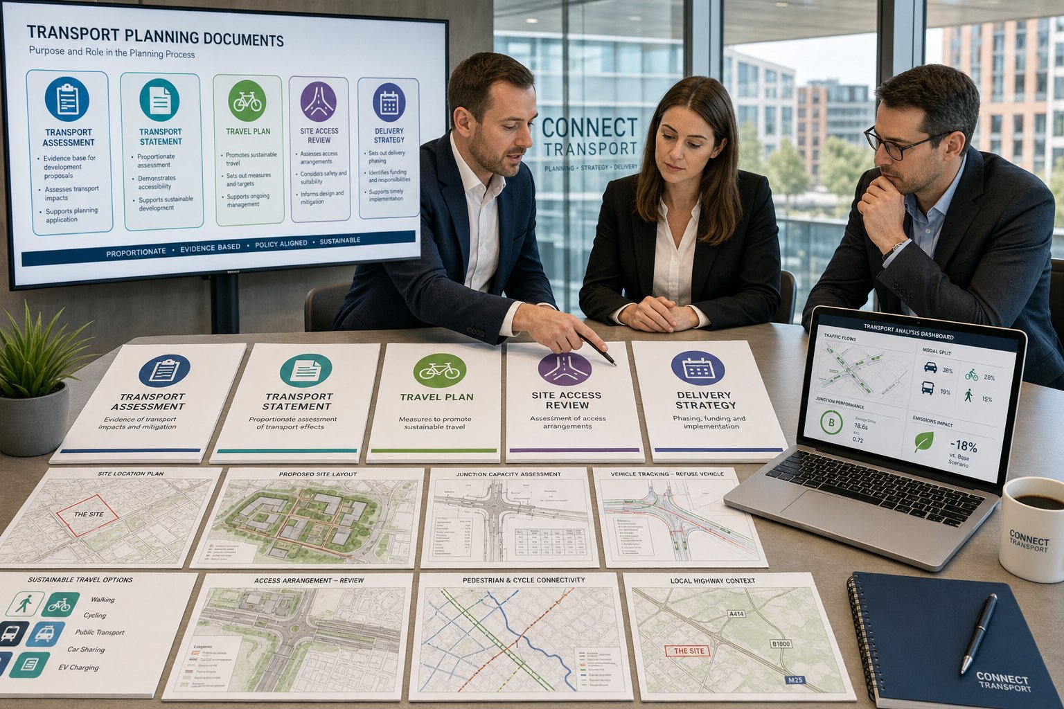 Transport planning team reviewing development reports and site plans in a modern UK office.