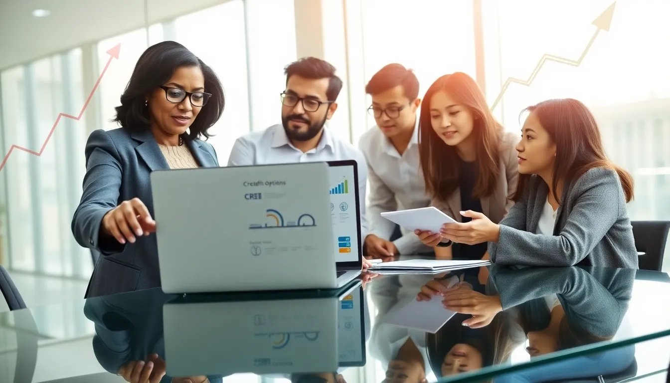 diverse professionals discussing credit card options in a modern office