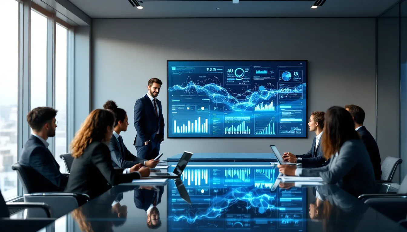 Financial professionals discussing AI implementation strategy in modern corporate boardroom.